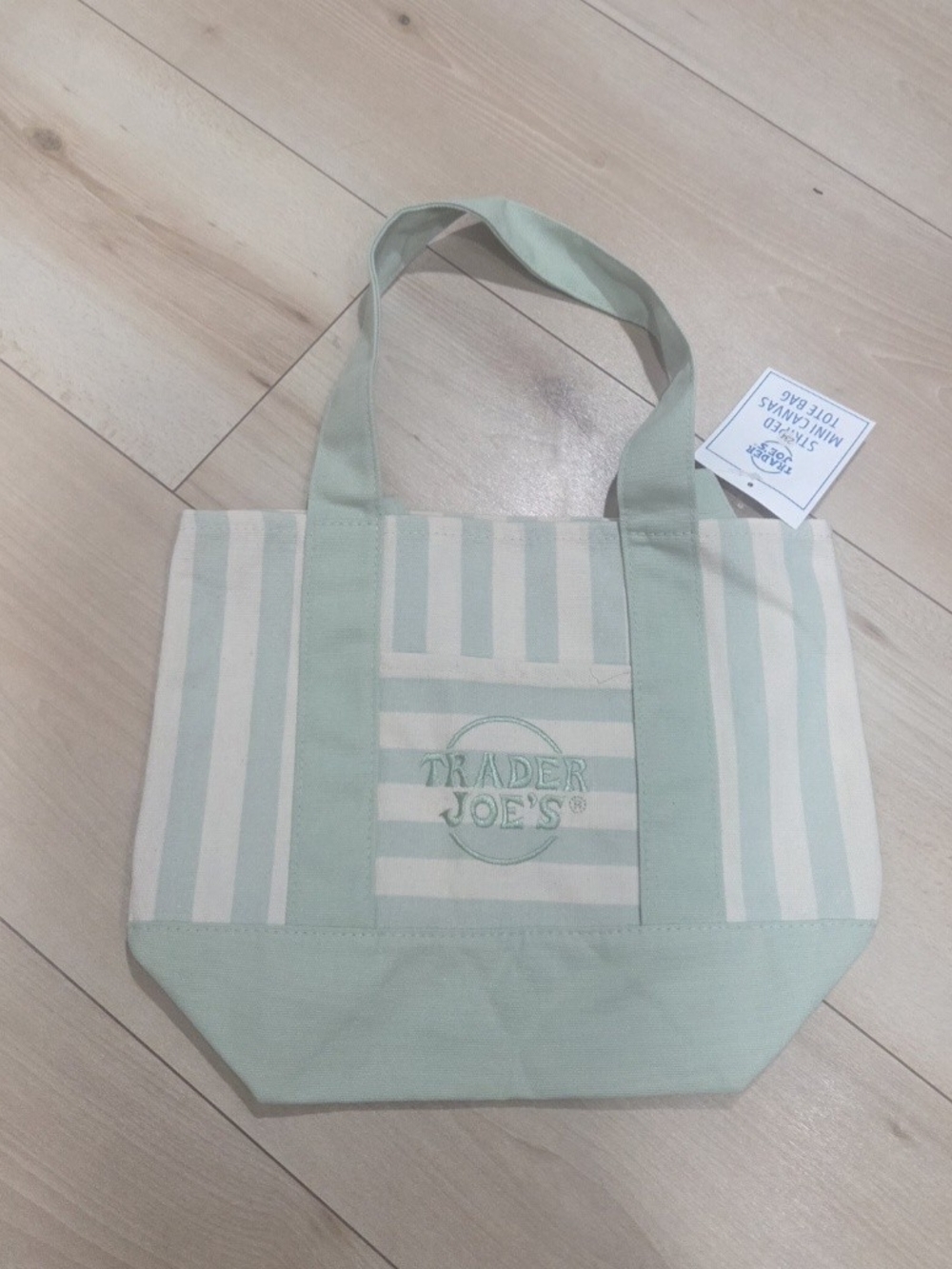 TRADER JOES Mint Green Striped Canvas Tote Bag